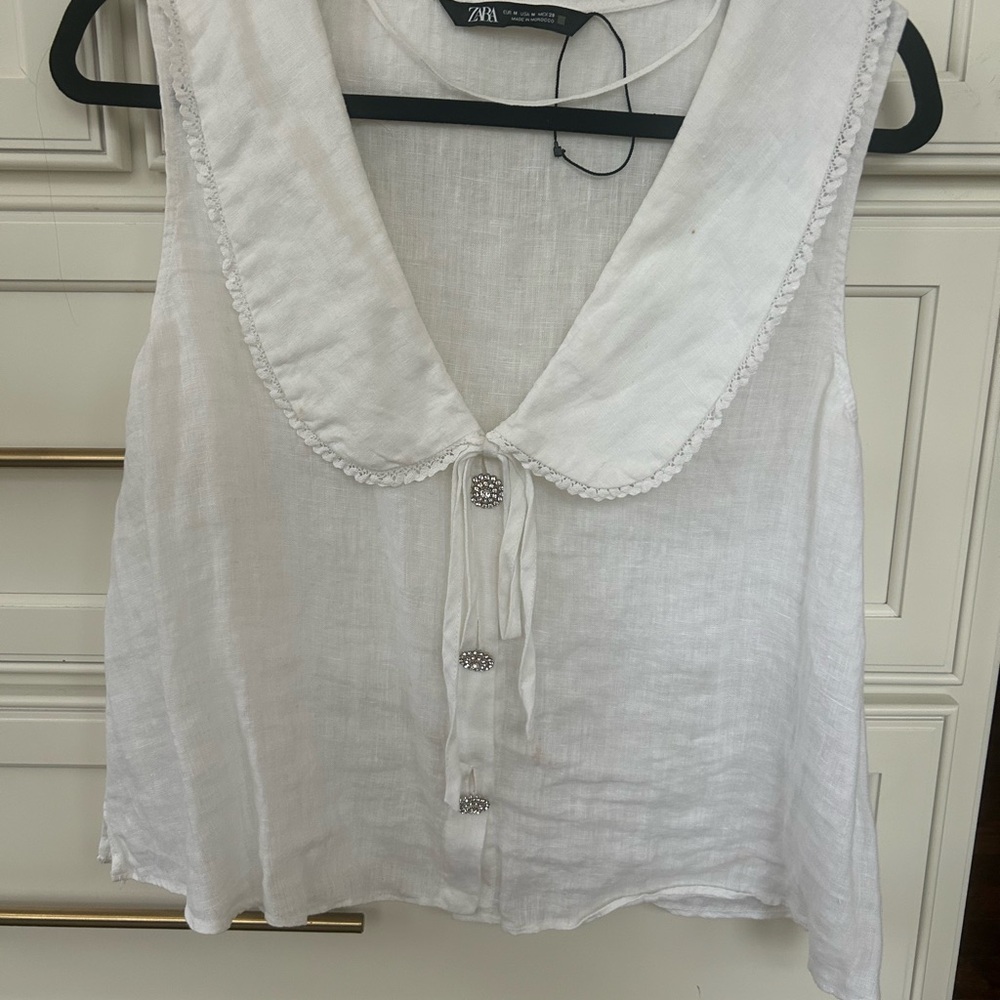 Zara White Sleeveless Button down Top with rhinestones- linen